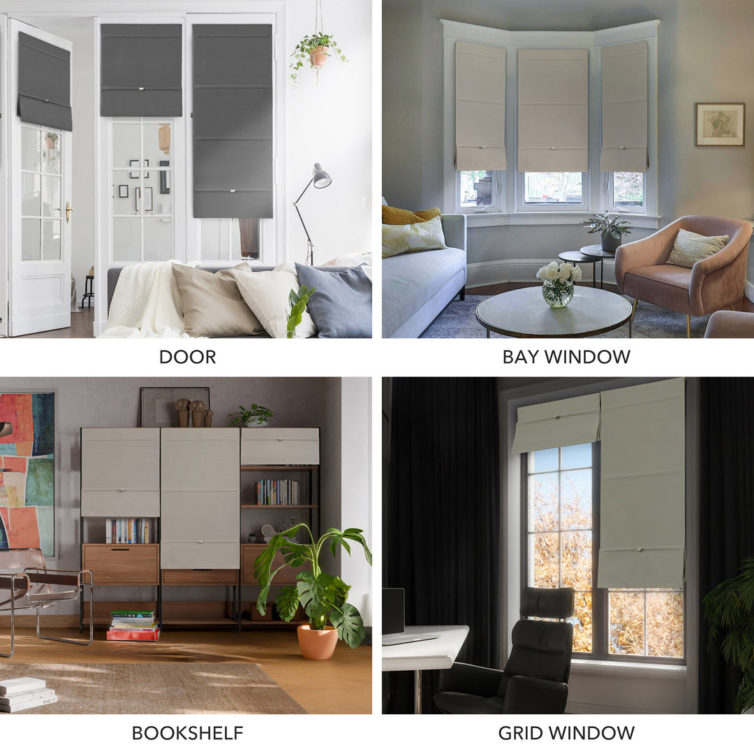 GoDear Design Collage of window treatments including a door, bay window, bookshelf, and grid window.