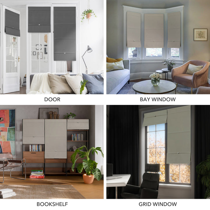 GoDear Design Collage of window treatments including a door, bay window, bookshelf, and grid window.