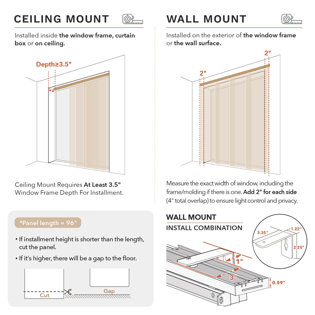 Instructions for installing roller blinds on ceiling and wall mounts with diagrams and measurements.