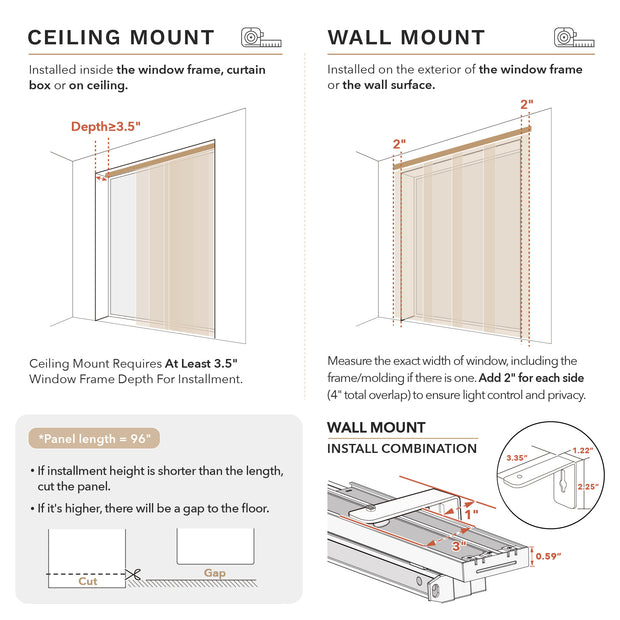 Instructions for installing roller blinds on ceiling and wall mounts with diagrams and measurements.