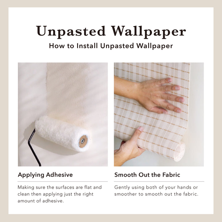 A step-by-step installation guide from GoDear Design for their wall coverings. The image is divided into two parts, showing the process of applying a non-pasted wall material. The left side depicts a hand using a roller to apply adhesive to a surface, and the right side shows a hand smoothing out the textured material after it has been applied. The guide emphasizes the key steps of preparing the surface and ensuring a smooth, finished result.