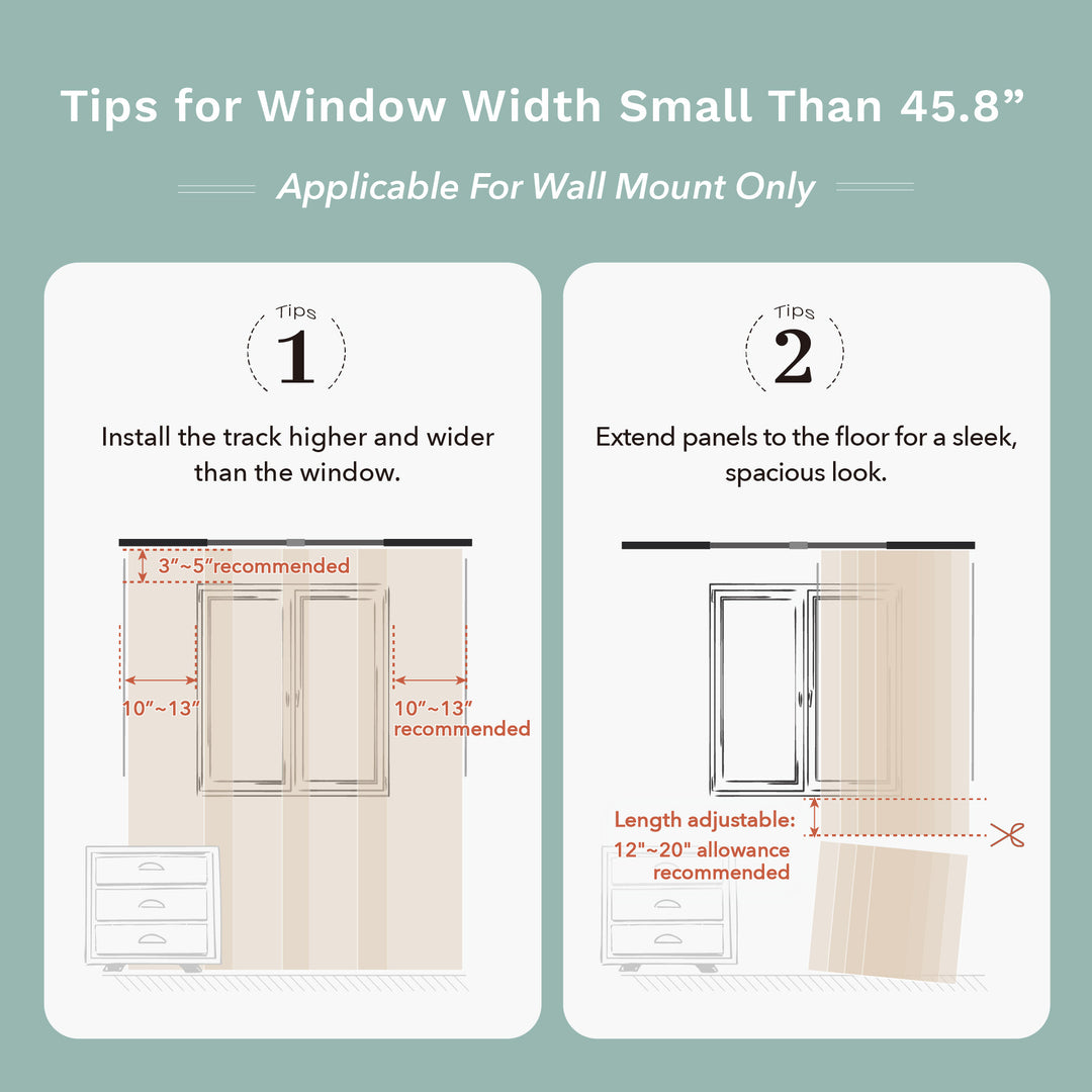 Godear Design Tips for window width small than 45.8" with measurements and illustrations on a green background.