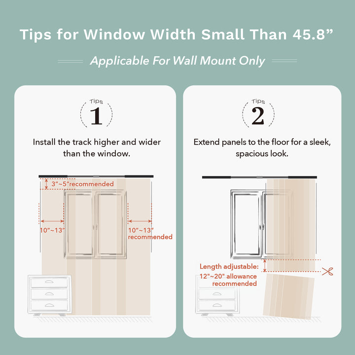 Godear Design Tips for window width small than 45.8" with measurements and illustrations on a green background.