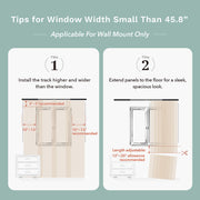 Tips for window width small than 45.8" with measurements and illustrations on a green background.