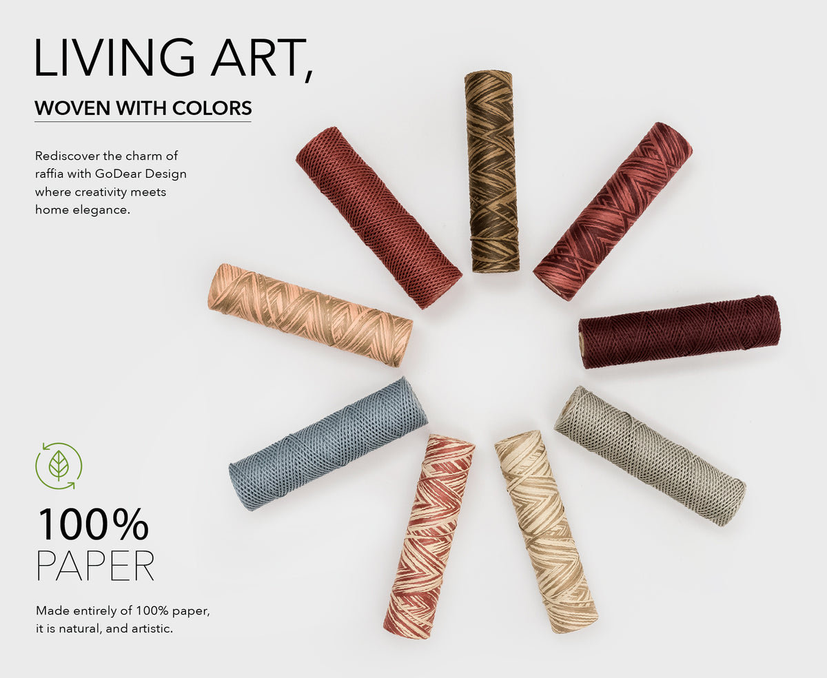 GoDear Woven paper rolls in various colors on a white background with promotional text.