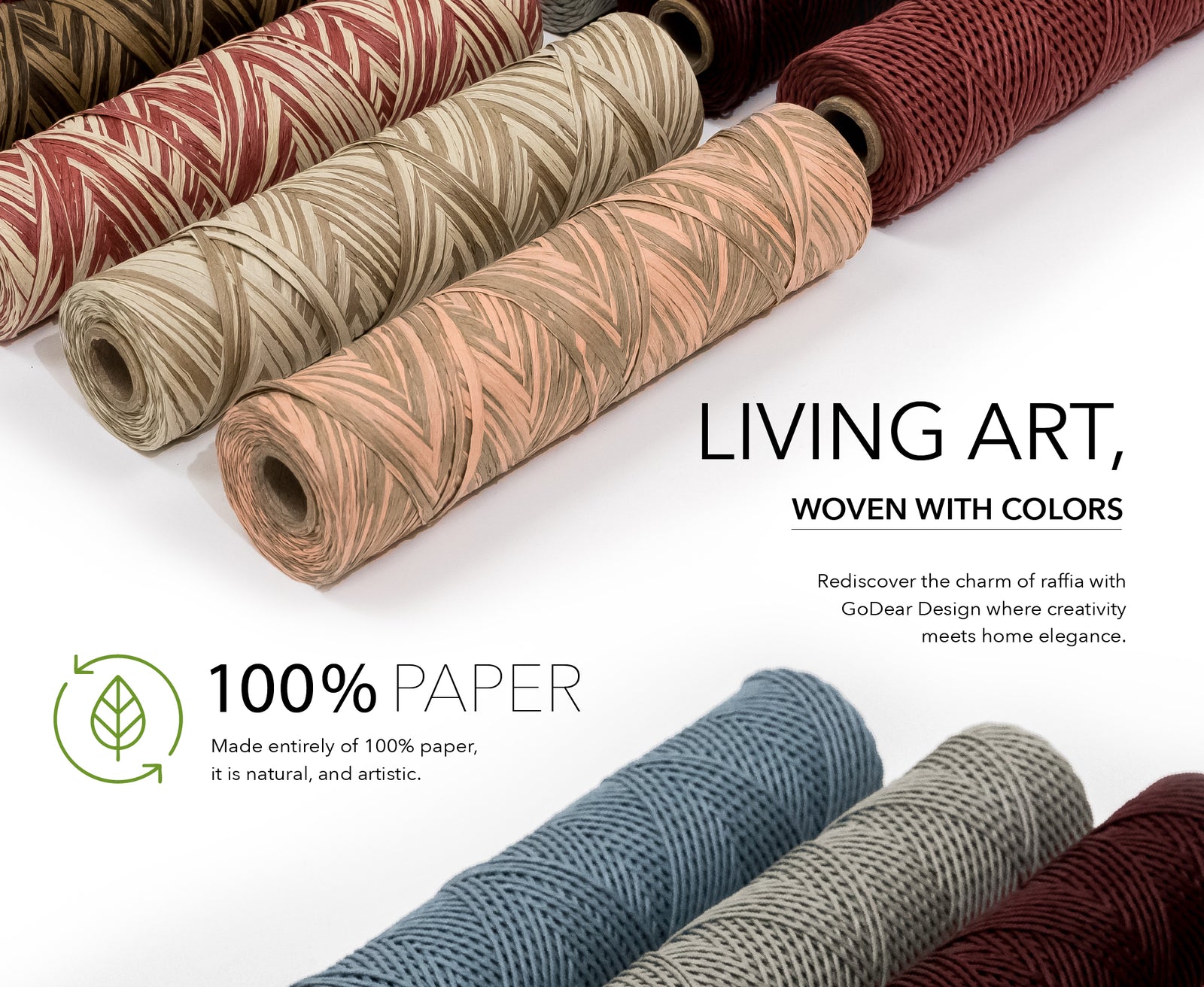 GoDear Rolls of woven paper with a variety of colors and textures on a white background, featuring the brand 'GoDear Design'.