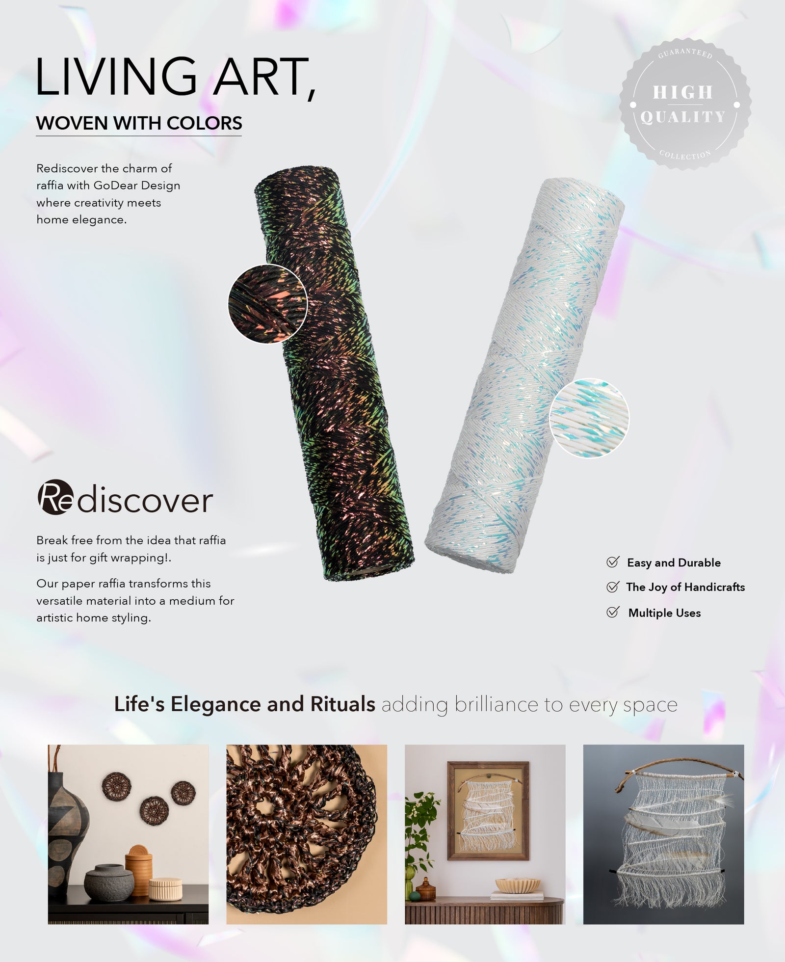 GoDear Decorative paper raffia with glittery textures and text highlighting its qualities.