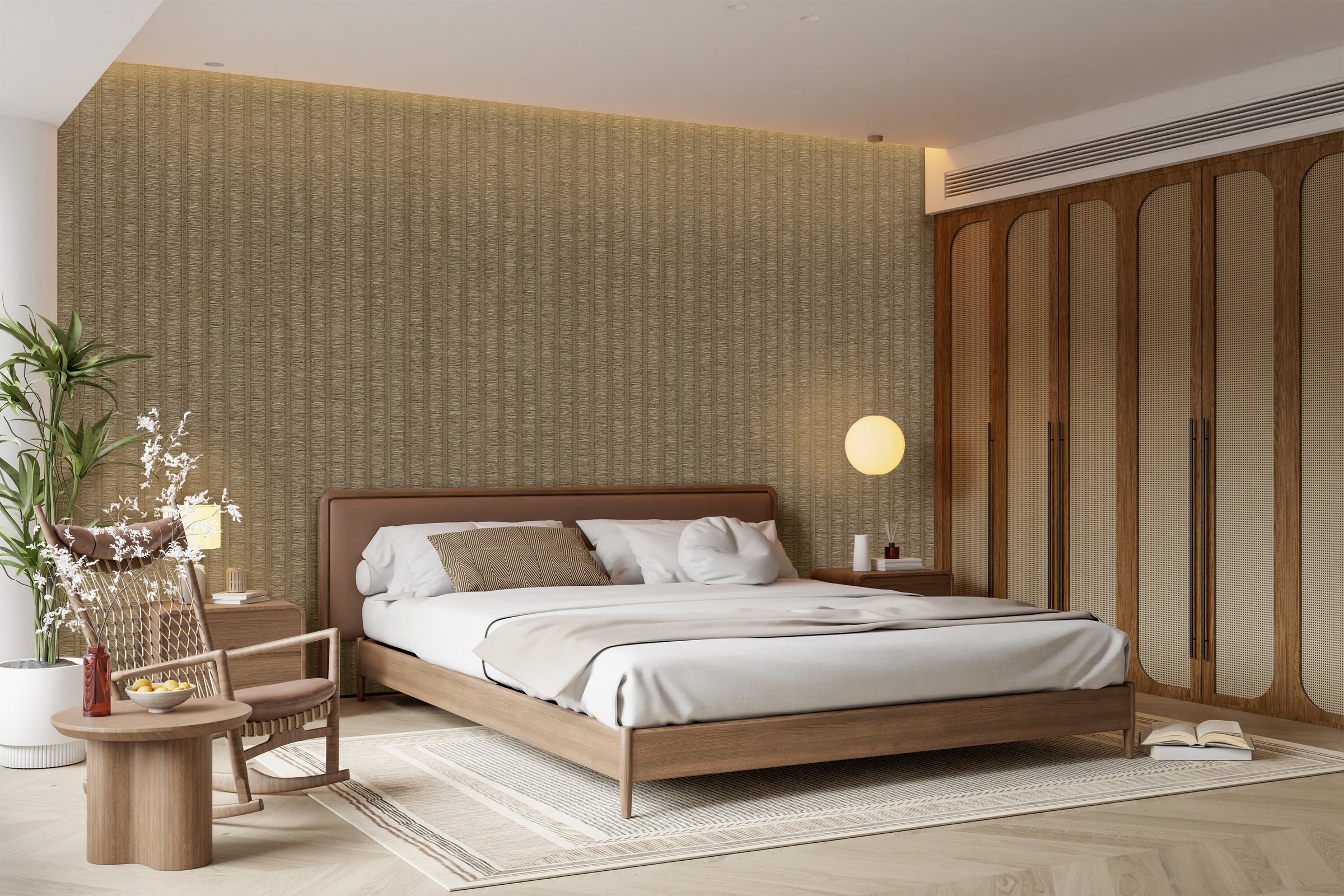 GoDear Design_Modern bedroom with wooden bed, side table, and decorative elements.