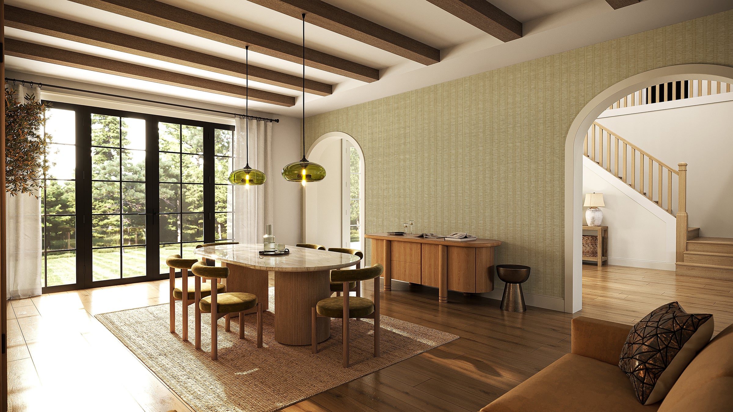 GoDear Design_Modern dining room with wooden furniture and large windows