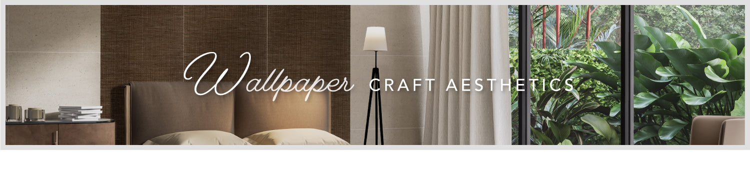 GoDear Design_Banner with 'Wallpaper Craft Aesthetics' text, featuring a bedroom scene with a bed and lamp, and an outdoor garden view.