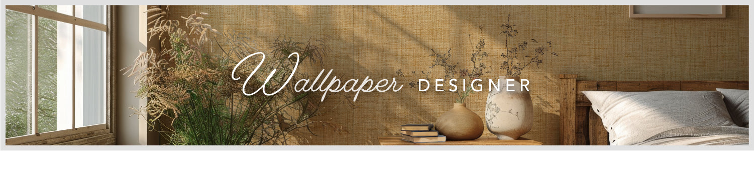 GoDear Design_Wallpaper Designer banner with a bedroom scene featuring a bed, window, and decorative elements.