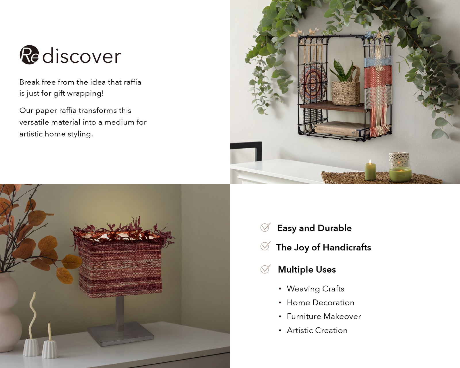 GoDear Product display with text about reDiscover paper raffia and its uses in home decor.