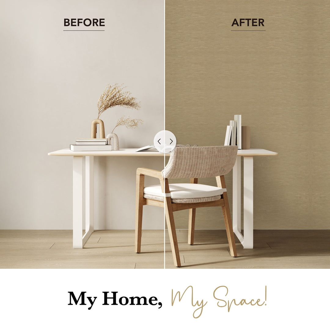 Before and after comparison of a room with a desk and chair, showing a wall color change.