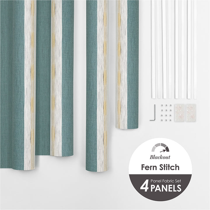 GoDear Design_A set of four green and white striped blackout fabric panels with fern stitch design, along with hook and loop fasteners for installation.