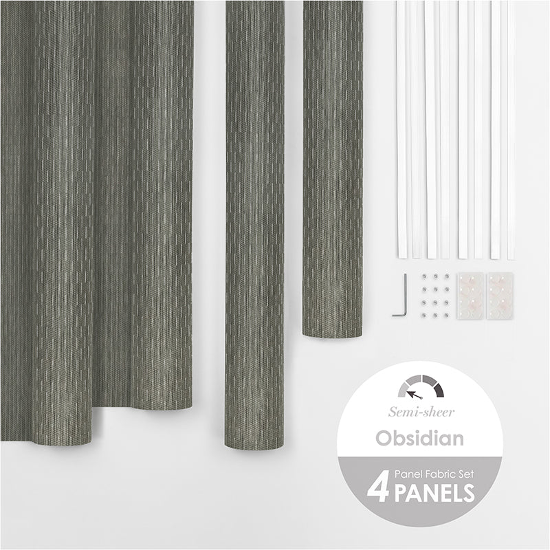 GoDear Design_A set of four Obsidian fabric panels with accompanying bottom bars, designed for use in a sliding panel system. The panels are part of the 'Semi-Sheer' category and appear to filter light.