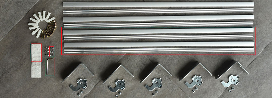 GoDear Design A set of metal components including two bottom bars, four slices, and various mounting accessories like bumper pads and an Allen wrench, intended for use in a keyboard assembly.