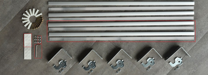 GoDear Design A set of metal components including two bottom bars, four slices, and various mounting accessories like bumper pads and an Allen wrench, intended for use in a keyboard assembly.