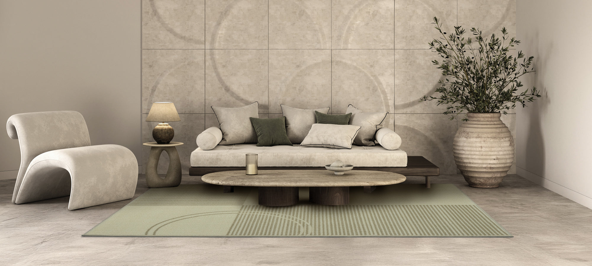 Modern living room with a sofa, armchair, coffee table, and decorative elements.