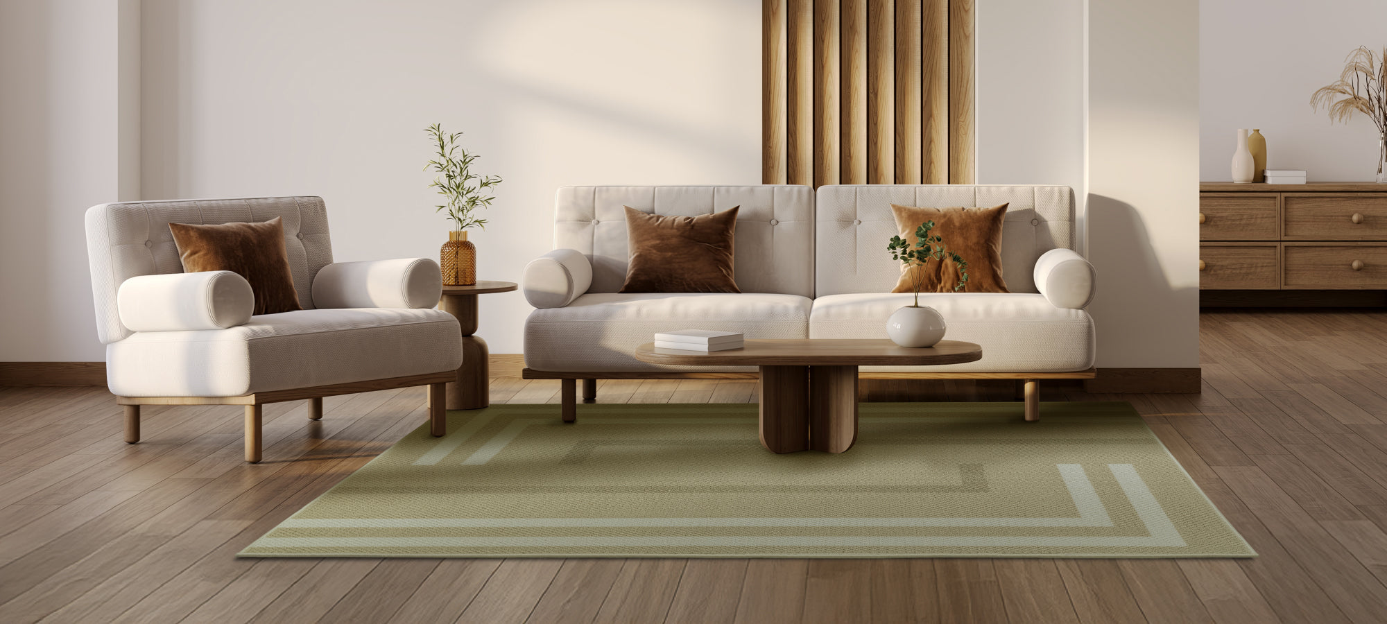 Modern living room with a sofa, armchair, and coffee table on a green rug.