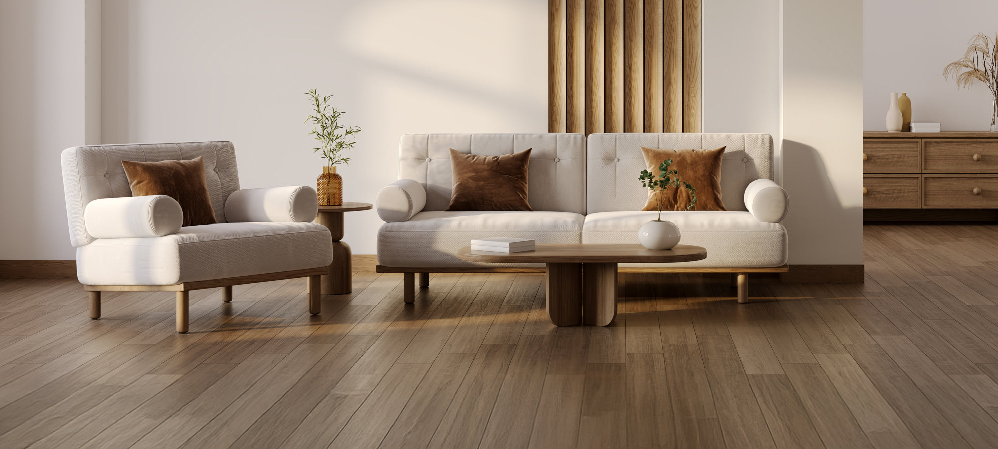 Modern living room with a sofa, armchair, and coffee table on a wooden floor.