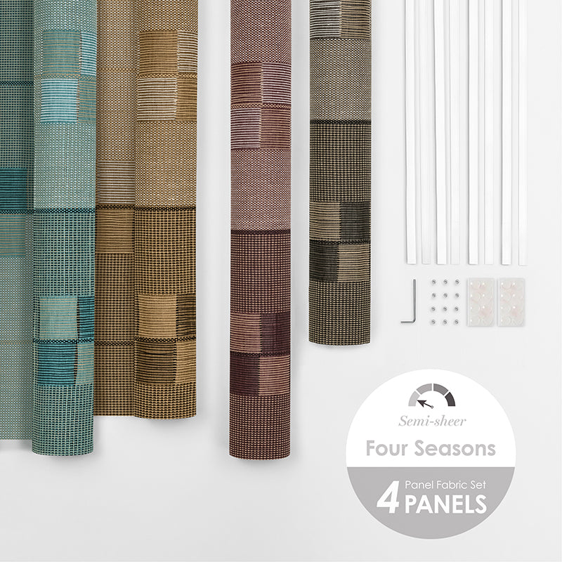 GoDear Design_A set of four fabric panels in different colors representing the four seasons, with a logo and text overlay indicating the 'Four Seasons' collection and the number of panels.