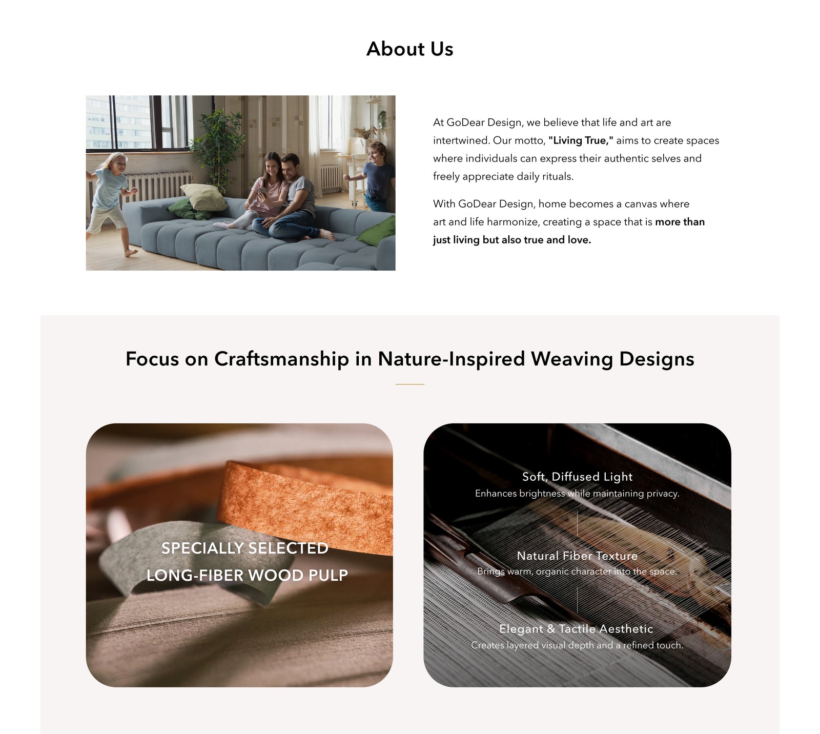 GoDear Design_Website page about a design brand with lifestyle images and product features.