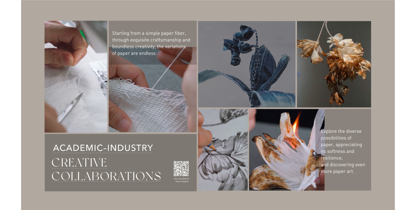 GoDear Design_Collage of hands working with paper and dried flowers, with text about academic-industry creative collaborations.