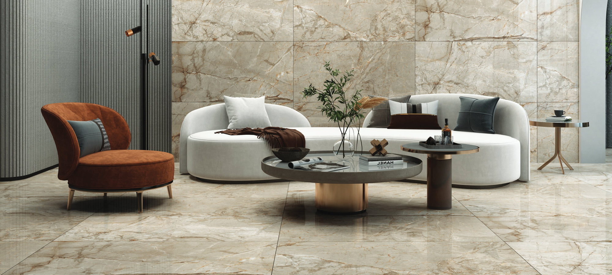 Living room with gramophone, furniture, and plants shown before adding the Flora Blended New Zealand wool rug, highlighting the original hard floor and acoustic setting.