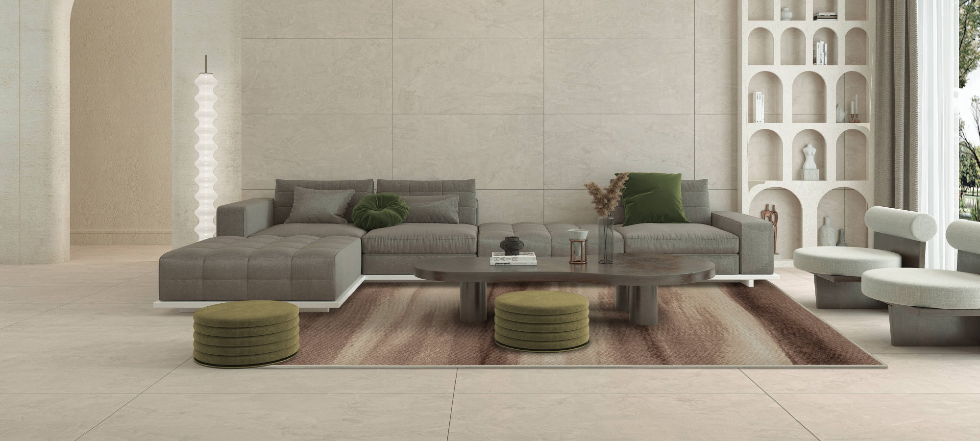 The Liquidsand collection rug in a woodgrain tone, shown in a styled room with a gray sofa, wood coffee table, green ottoman, and white cabinet. The rug blends seamlessly with natural elements to elevate both aesthetics and comfort.