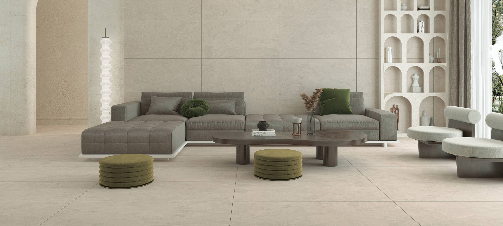 Modern living space with gray sofa and wood coffee table, transformed by the Liquidsand rug, which enhances the room’s tone and provides a grounding focal point.
