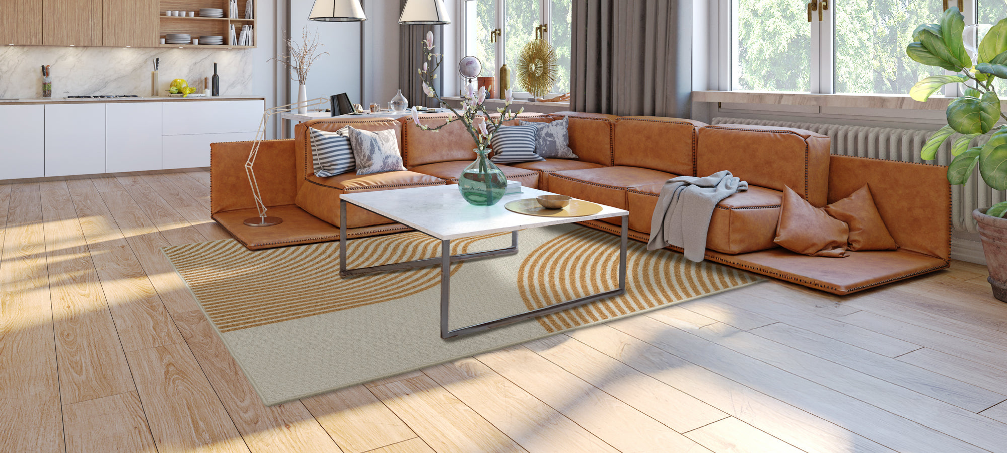 Modern living room with orange sectional sofa, glass coffee table, and decorative elements.