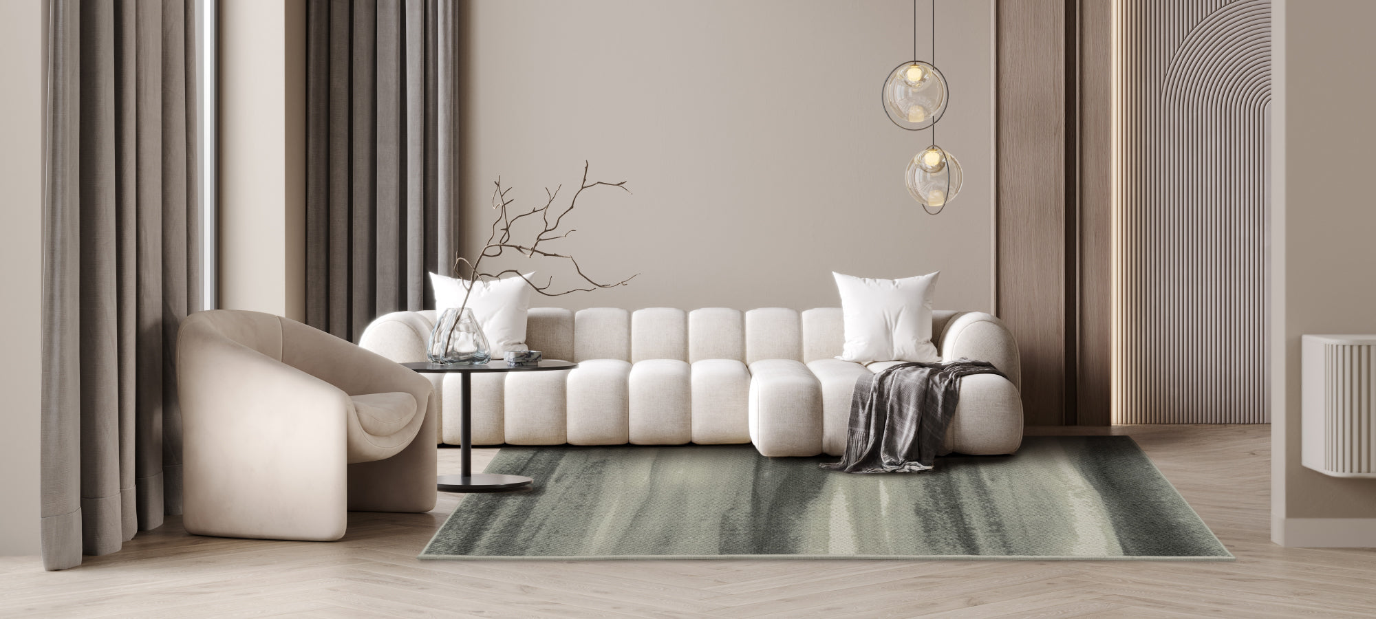 Modern living room with a white sofa, armchair, and green rug.