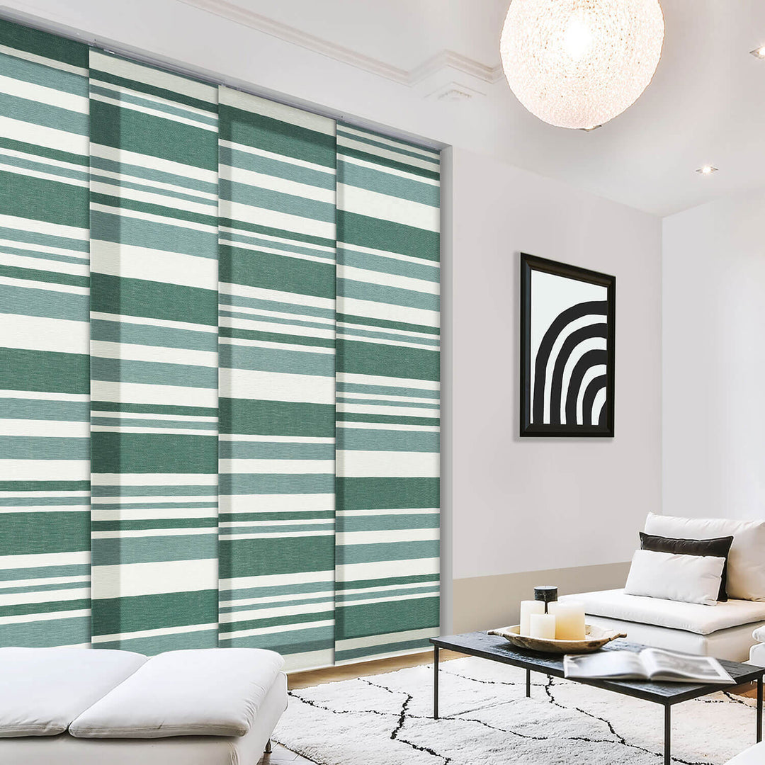 green and white large window blinds
