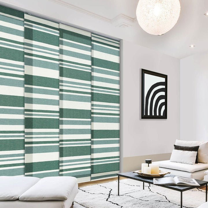 green and white large window blinds