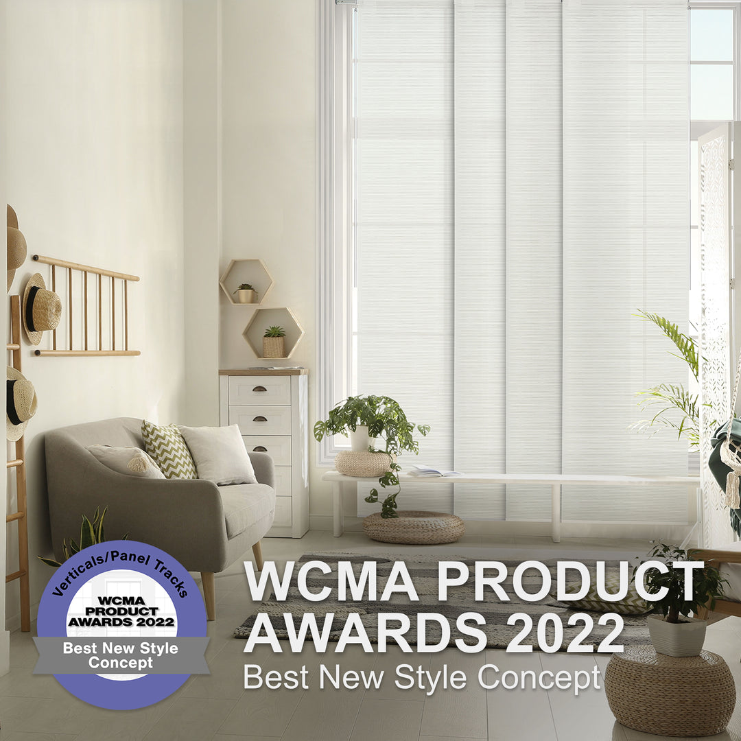 GoDear Design_Living room with white vertical blinds and WCMA Product Awards 2022 logo.