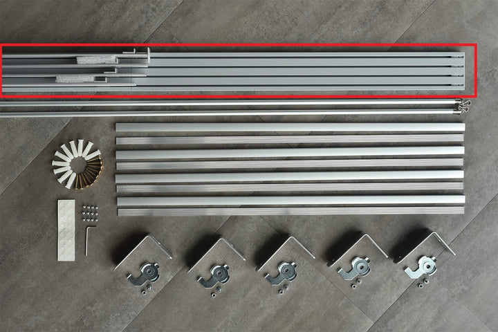 GoDear Design_An overhead view of a bottom bar set for Jessica Lawrence, including a sliding track, hardware pack, anti-fray clips, and other components.