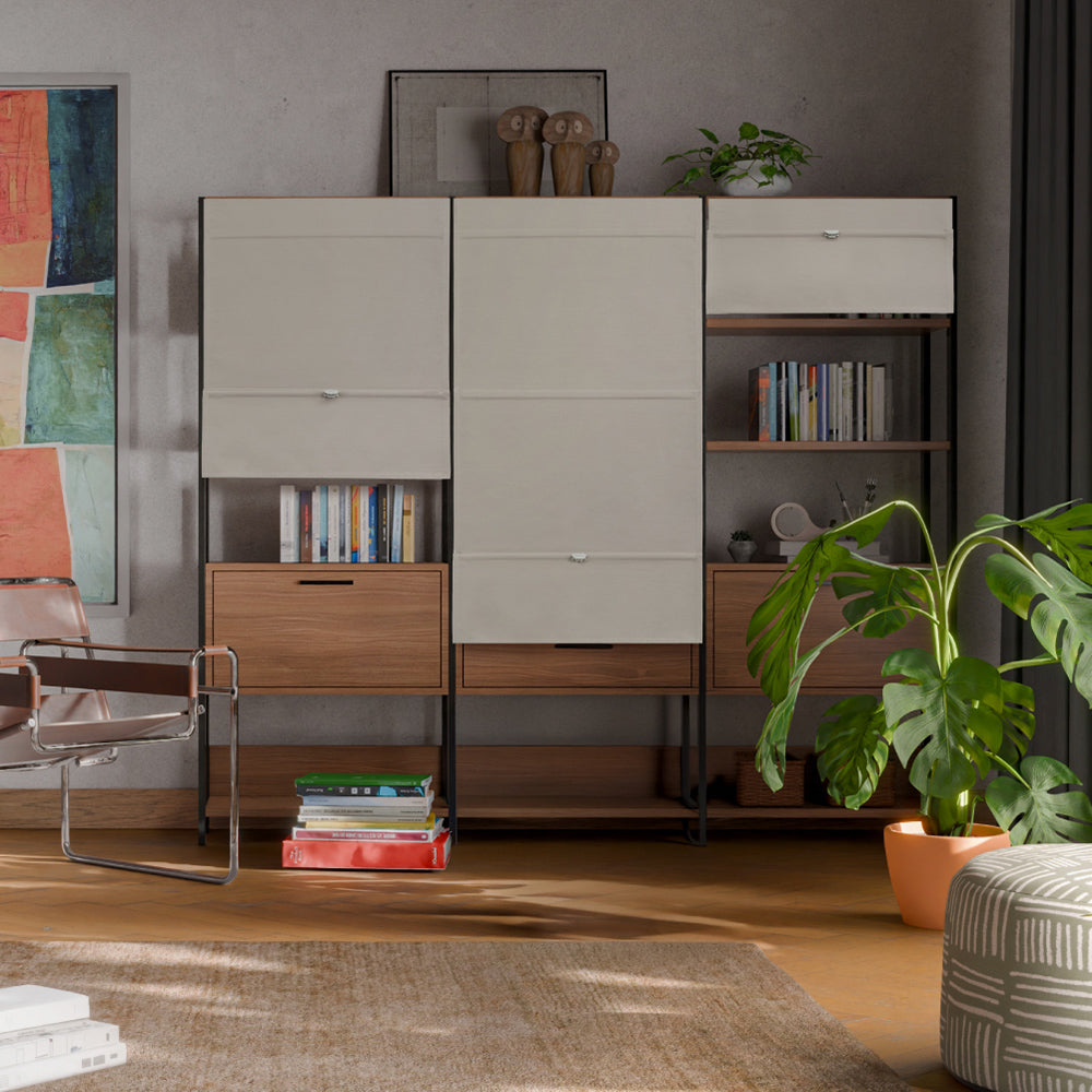 GoDear Design Modern living room with a large storage unit, books, and a plant.