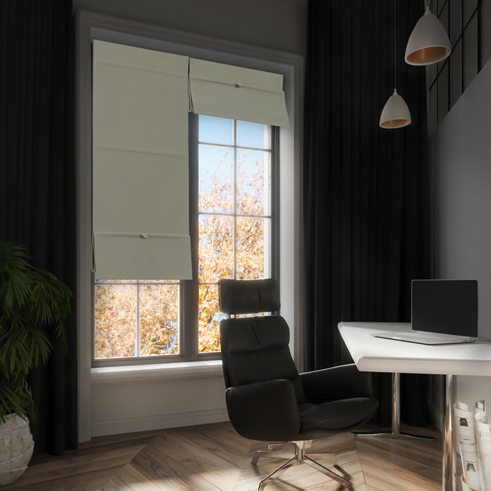 GoDear Design Modern home office with a large window, black chair, and white desk.
