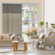 beige and gray blackout vertical blinds