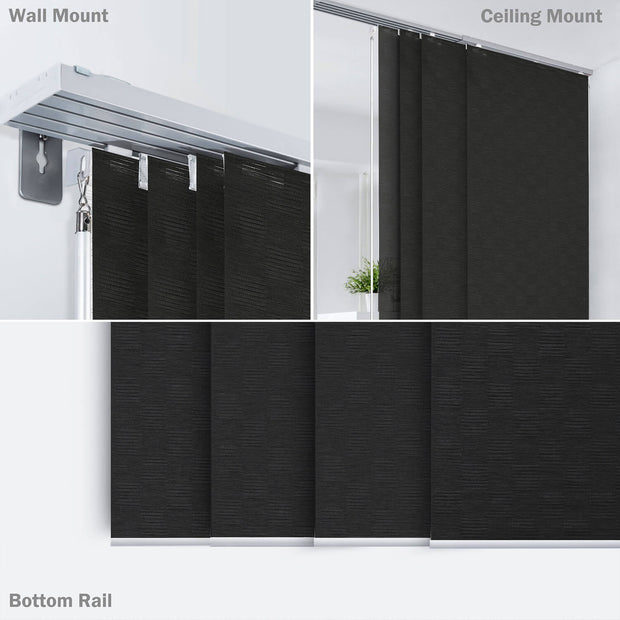 black checker pattern natural woven fabric light filtering window treatments sliding rail track and bottom rail