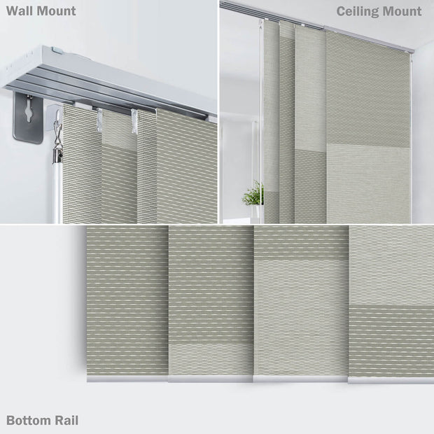 gray color block natural woven fabric light filtering panel track blinds sliding rail track and bottom rail