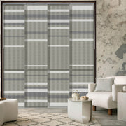 gray and white panel track blinds