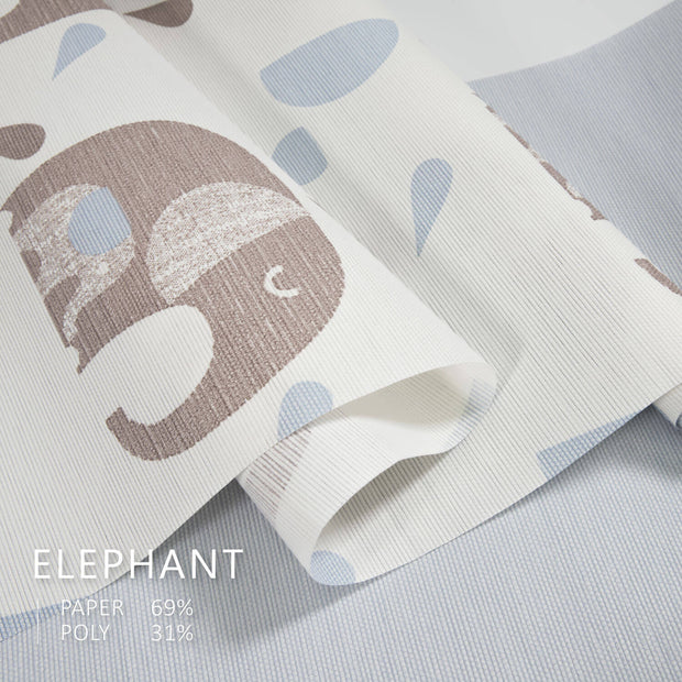 blue and white elephant pattern natural woven fabric light filtering adjustable panel track blinds fabric detail