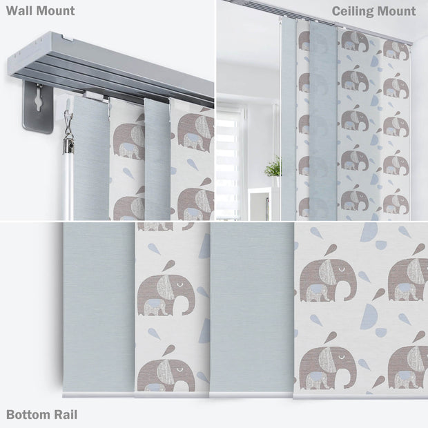 blue and white elephant pattern natural woven fabric light filtering adjustable panel track blinds