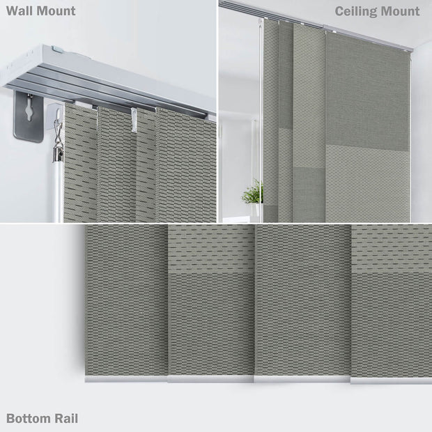 gray color block natural woven fabric light filtering adjustable sliding panels sliding rail track and bottom rail