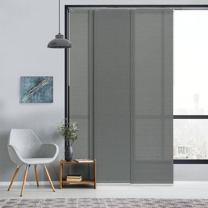 gray natural woven fabric light filtering sliding door blinds