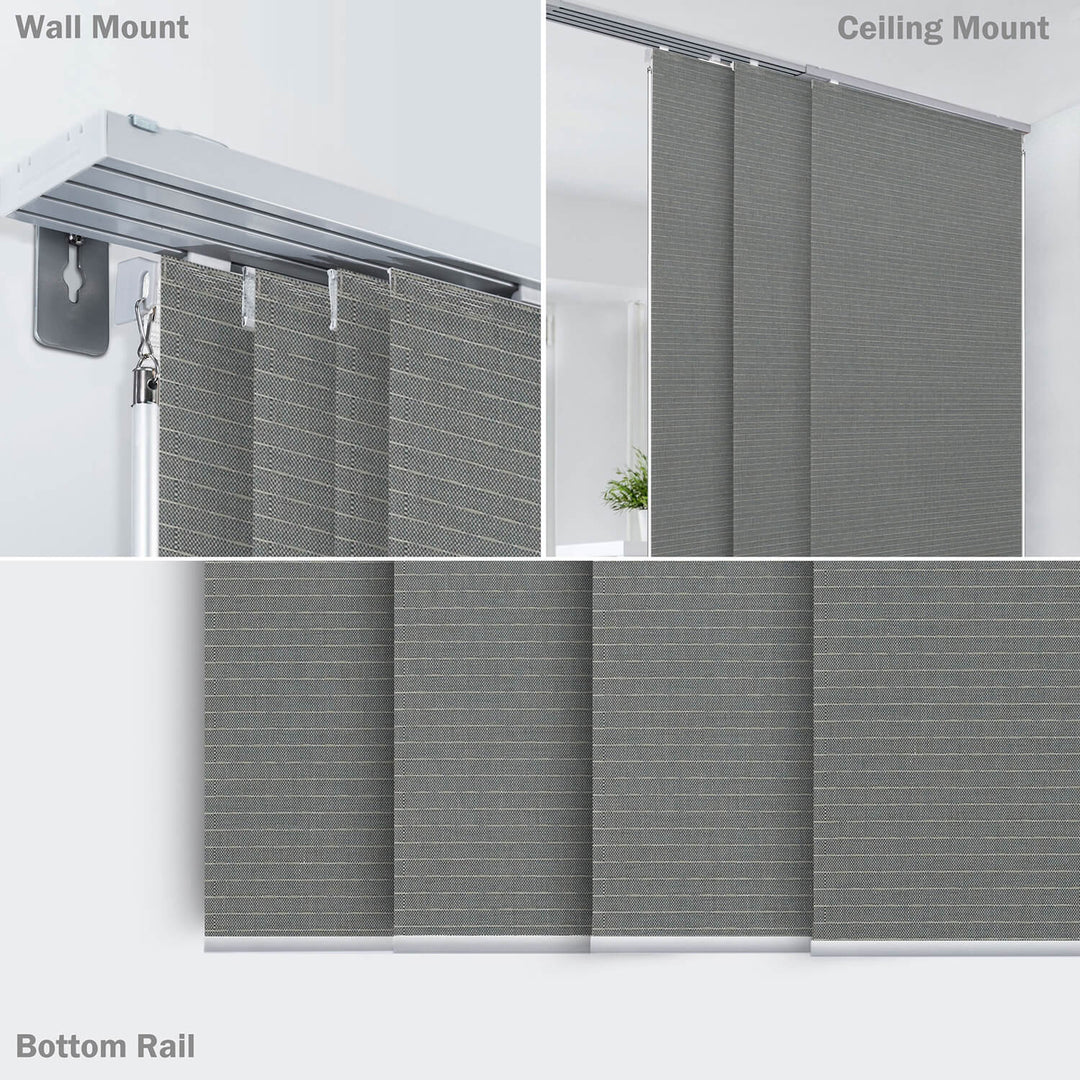 gray natural woven fabric light filtering panel blinds sliding rail track and bottom rail