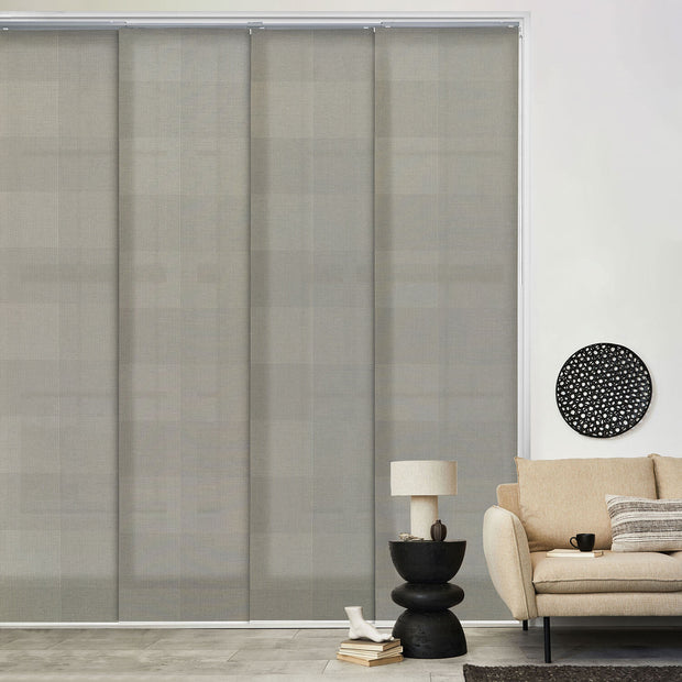 gray sliding panel blinds open