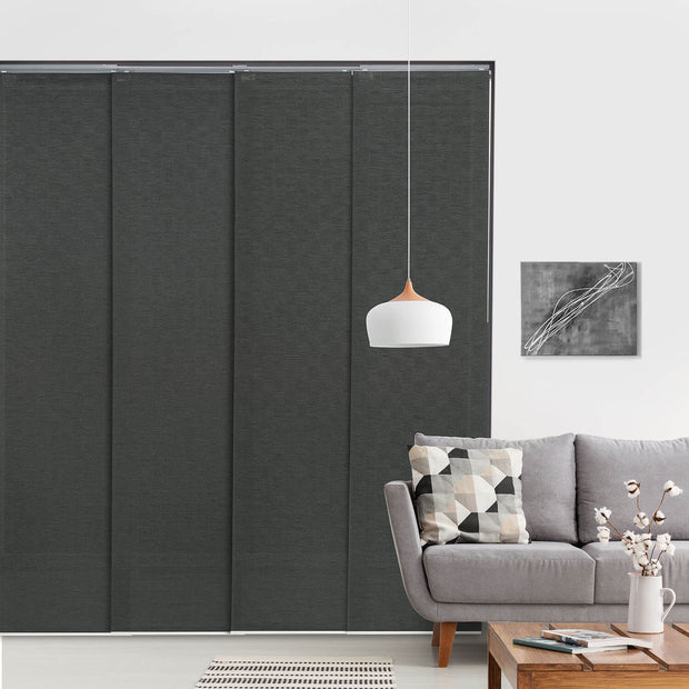 dark gray checker pattern sheer panel track blinds