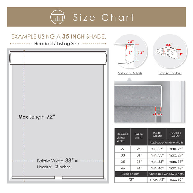 roller shade size chart
